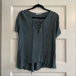 Lush Textured Lace Up Blouse